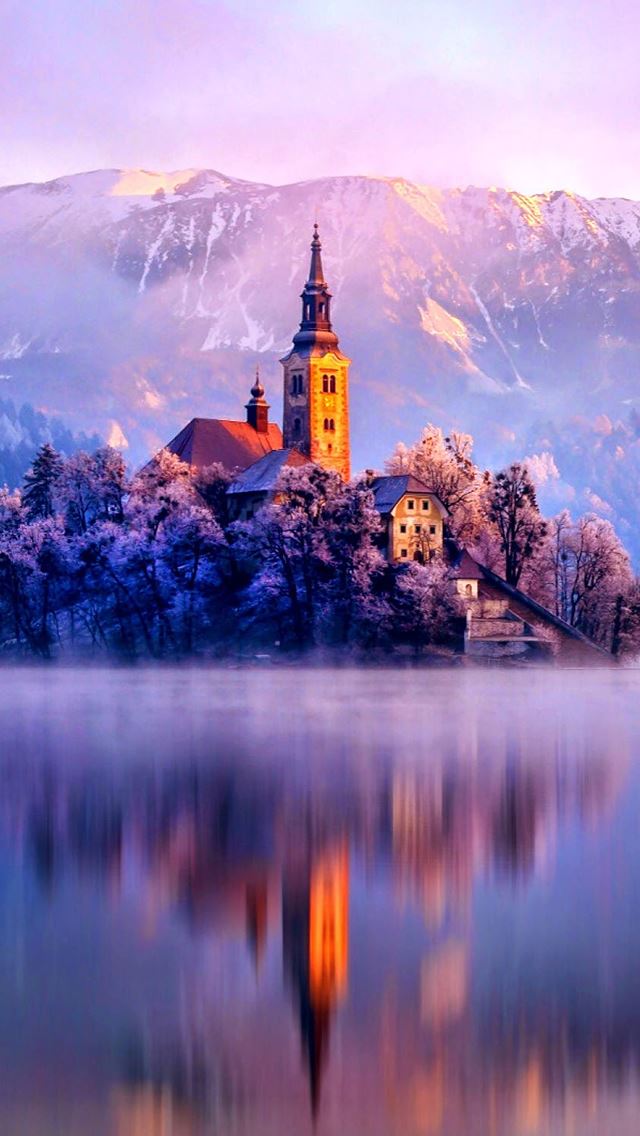 640x1136 Winter Monastery Lake Landscape - lake iPhone Wallpaper
