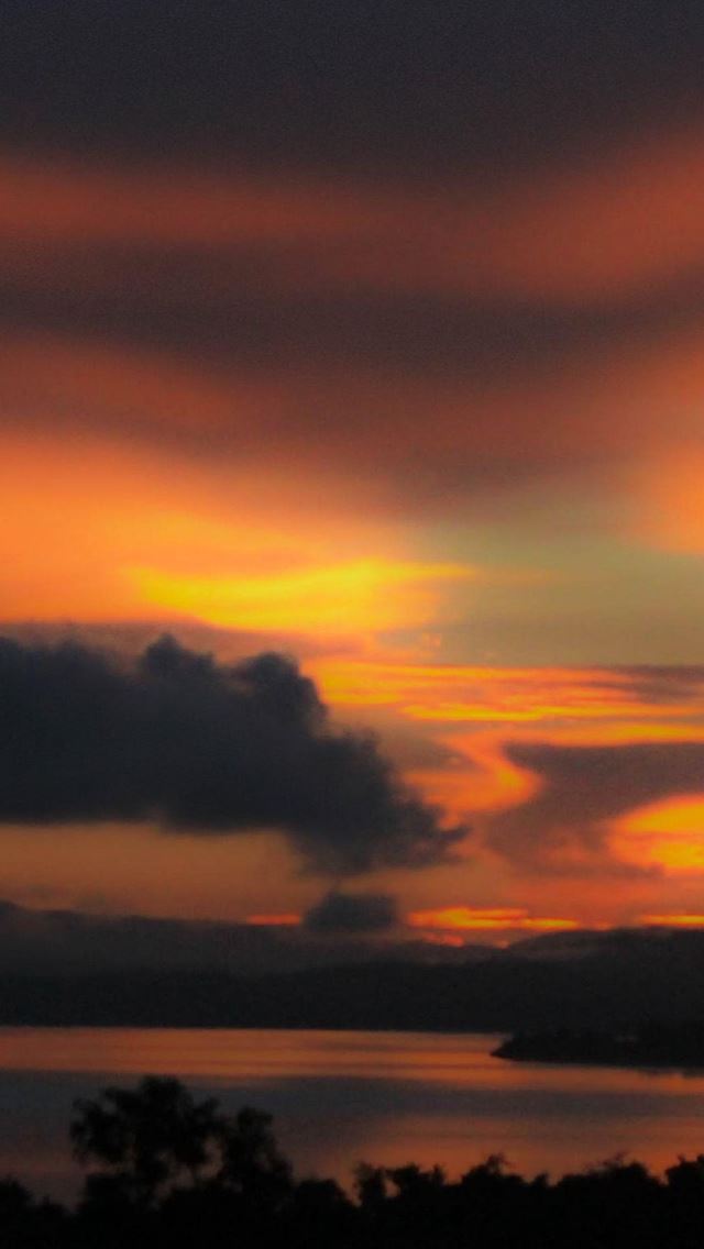 640x1136 Red Sunset Over Lake - trees iPhone Wallpaper