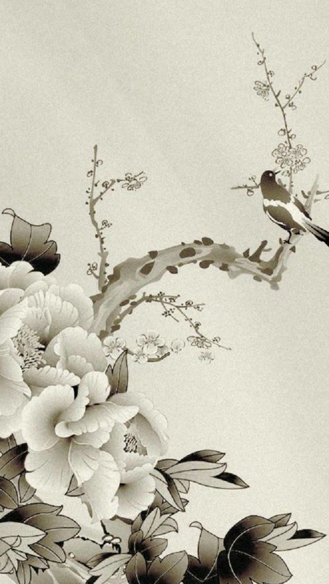 640x1136 Peony Ink Painting Artwork - painting iPhone Wallpaper