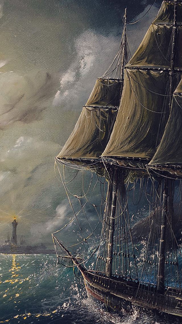 640x1136 Painting Sea Wave Boat Illust Art - painting iPhone Wallpaper
