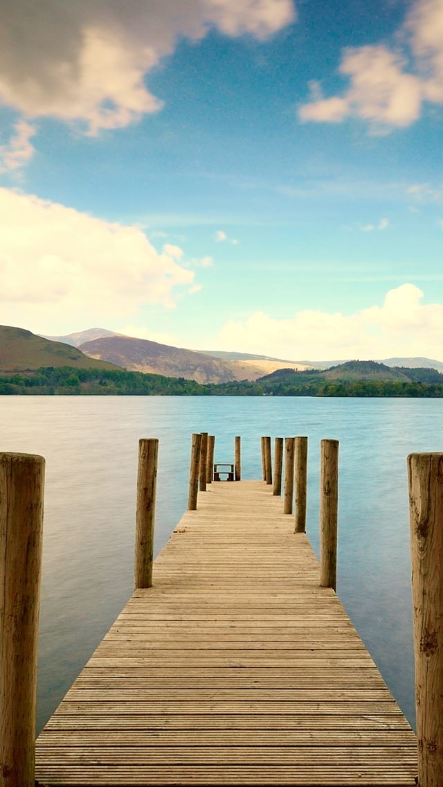 640x1136 Pier River Mountains Distance Sky - pure iPhone Wallpaper