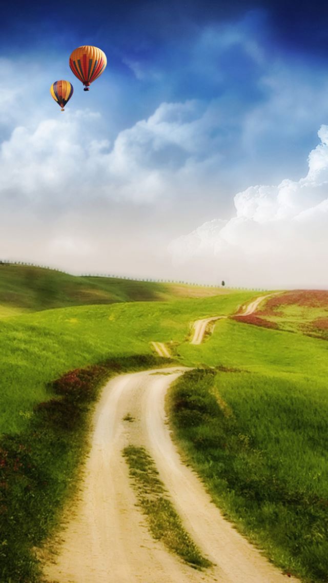 640x1136 Fantasy Country Road End In Sky Hot Air Balloon Skyscape - country iPhone Wallpaper