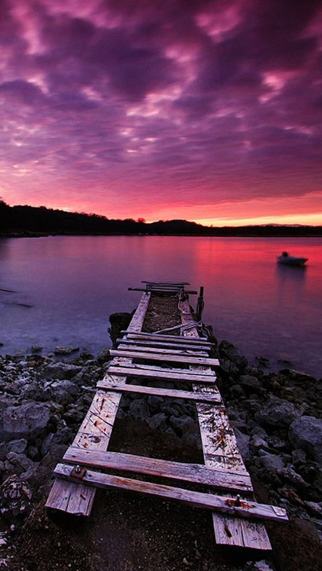 640x1136 Nature Purple Dusk Waste River Bank - wooden bridge iPhone Wallpaper