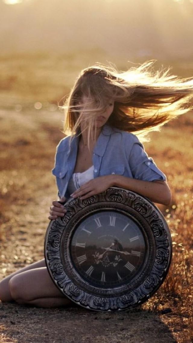 640x1136 Sunset Beauty Flying Blonde Vintage Clock Wild Field - vintage iPhone Wallpaper