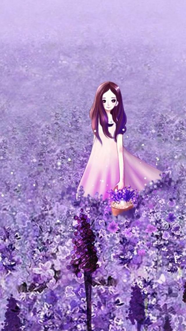 640x1136 Anime Cute Girl Purple Flower Garden - pink iPhone Wallpaper