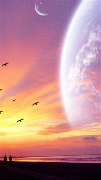 Spectacular Sunset Starry Outer Space Scene Sea Beach wallpaper