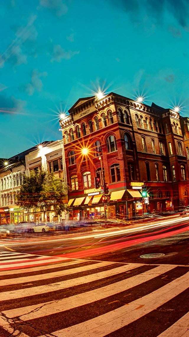 640x1136 Lively Night Town Street House City Architecture - green iPhone Wallpaper