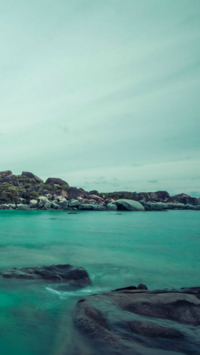 640x1136 Cloudy Sky Rock Ocean Wave Landscape - green iPhone Wallpaper