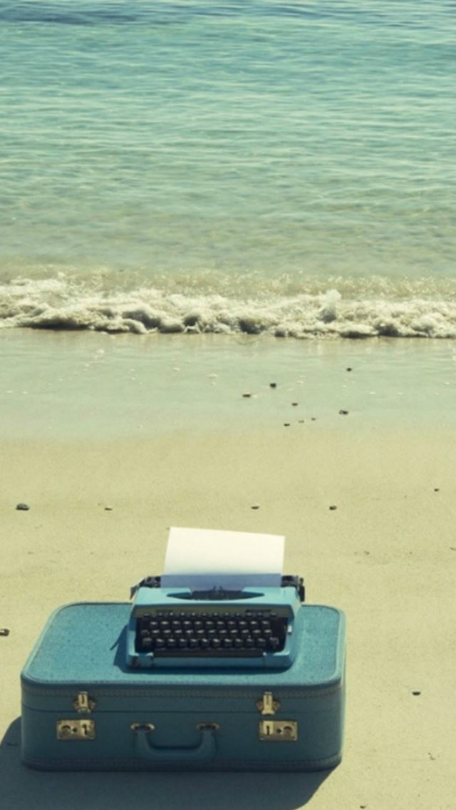 640x1136 Seaside Wave Beach Suitcase Scene - green iPhone Wallpaper