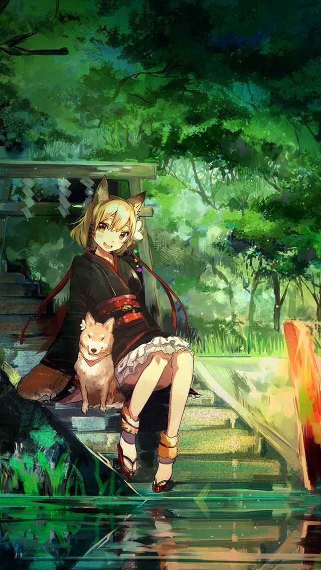 640x1136 Girl And Dog Green Nature Anime Art Illust -  iPhone Wallpaper