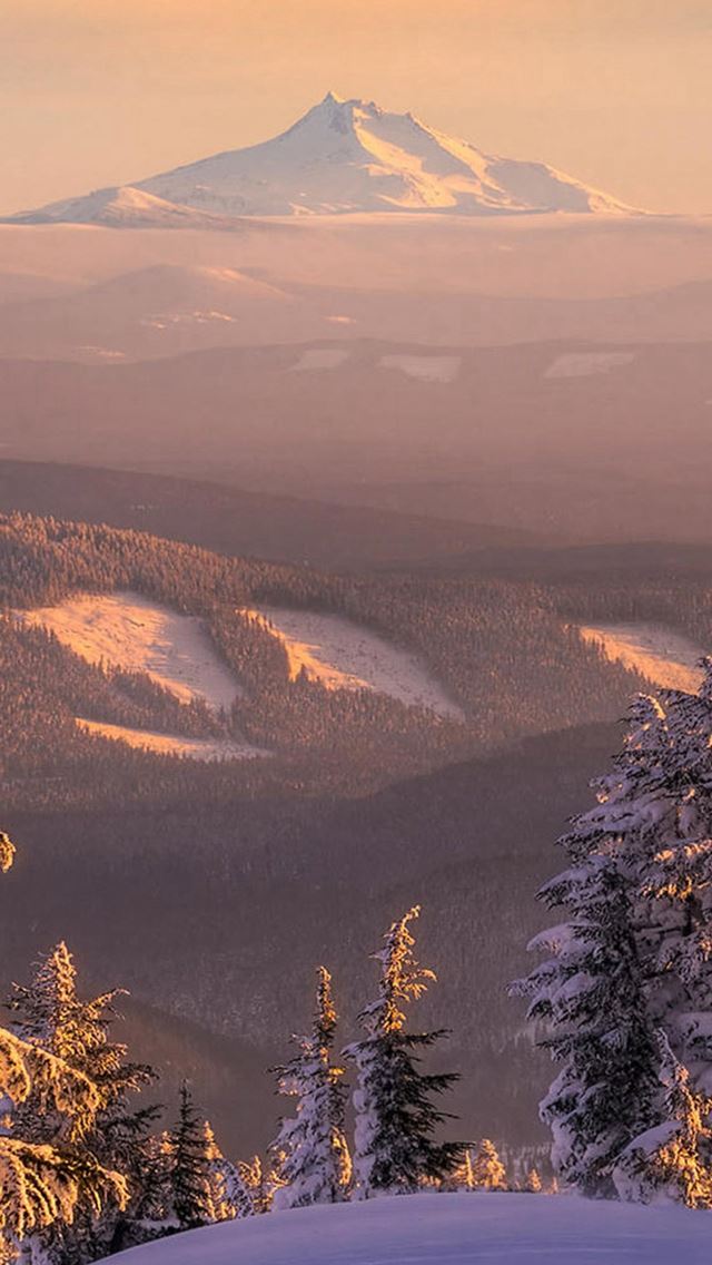 640x1136 Distant Mountain Winter Ski Slope - pine tree iPhone Wallpaper
