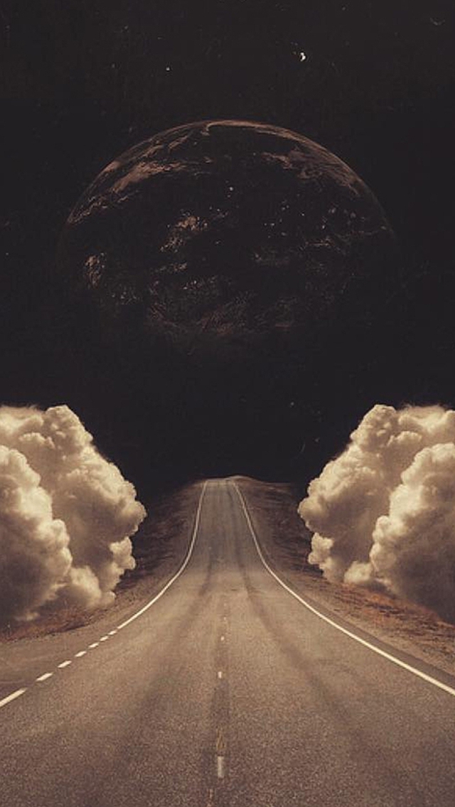 Surreal Art Collage Road Clouds Planet iPhone wallpaper 