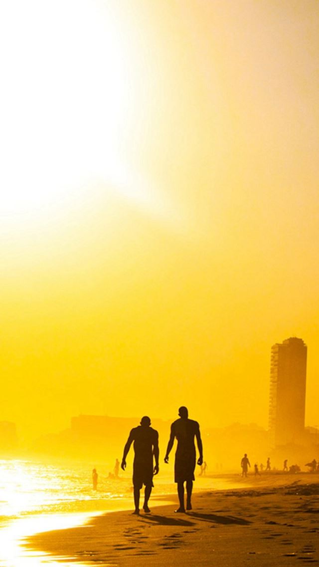 640x1136 Golden Sunset Beach Walk - buildings iPhone Wallpaper