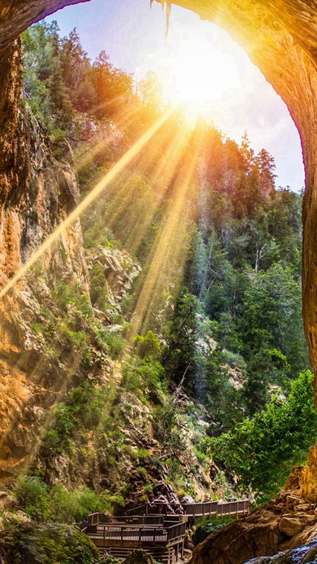 640x1136 Mountain Cliff Cave Sunshine Scenery - forest iPhone Wallpaper