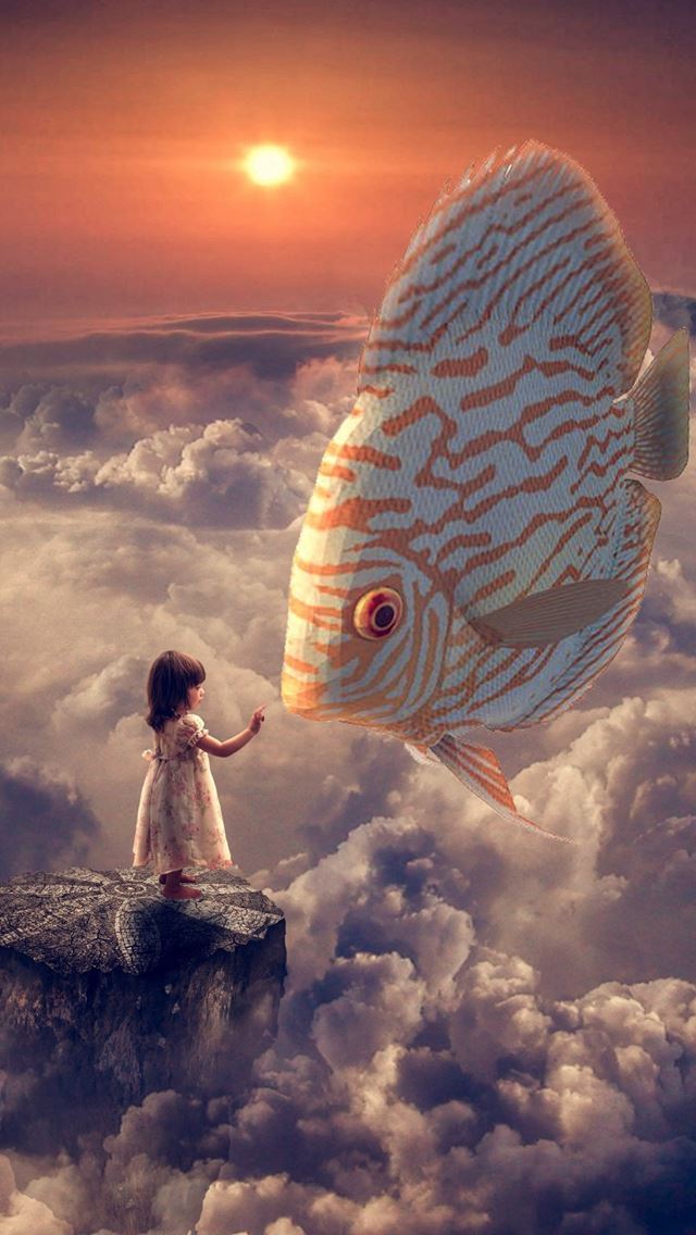 1284x2778 Anime Fantasy Girl Fish Clouds Sky - sunrise iPhone Wallpaper