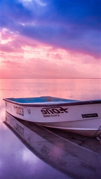 Nature Sea Beach Boat Alone Sunset Blue Pink wallpaper