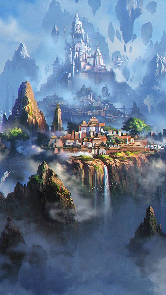 1284x2778 Cloud Town Fantasy Anime Illustration Art - mountains iPhone Wallpaper