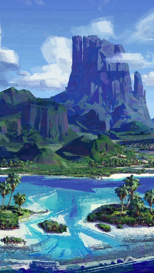 640x1136 Sea Anime Paint Summer Illustration Art - mountains iPhone Wallpaper