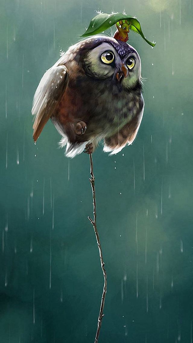 640x1136 Cute Owl Flying High Rainy Day Covering Leaf - owl iPhone Wallpaper