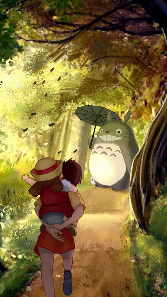 640x1136 Grove Totoro With Umbrella Waiting Kids Road Anime Cartoon Cute Film - road iPhone Wallpaper