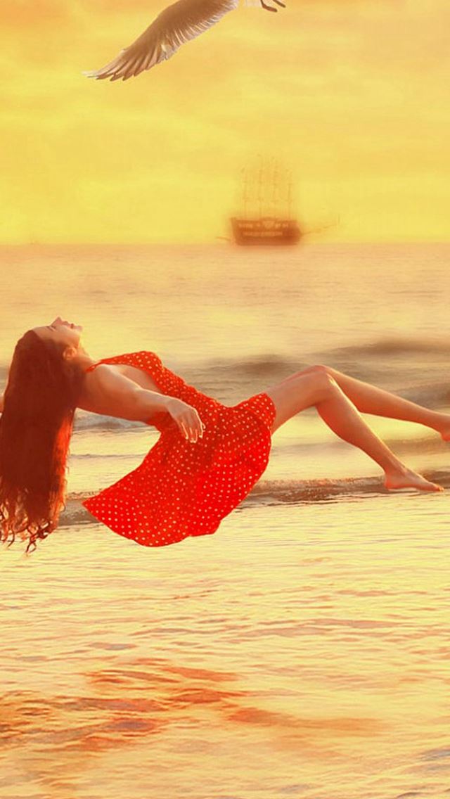 640x1136 Fly Over The Sea Dress Girl - sea iPhone Wallpaper