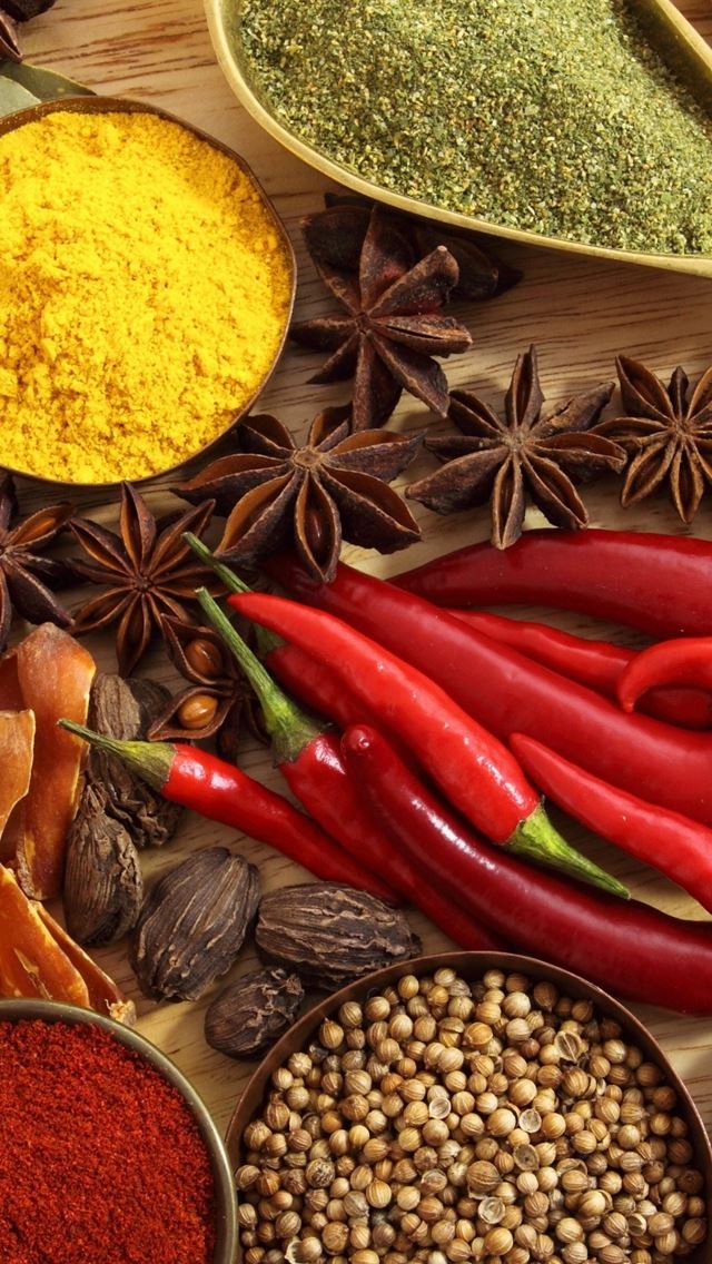 640x1136 Spices Seasonings Red Pepper Black Pepper Star Anise Onion Ginger Garlic Walnuts Bay Leaf - yellow iPhone Wallpaper