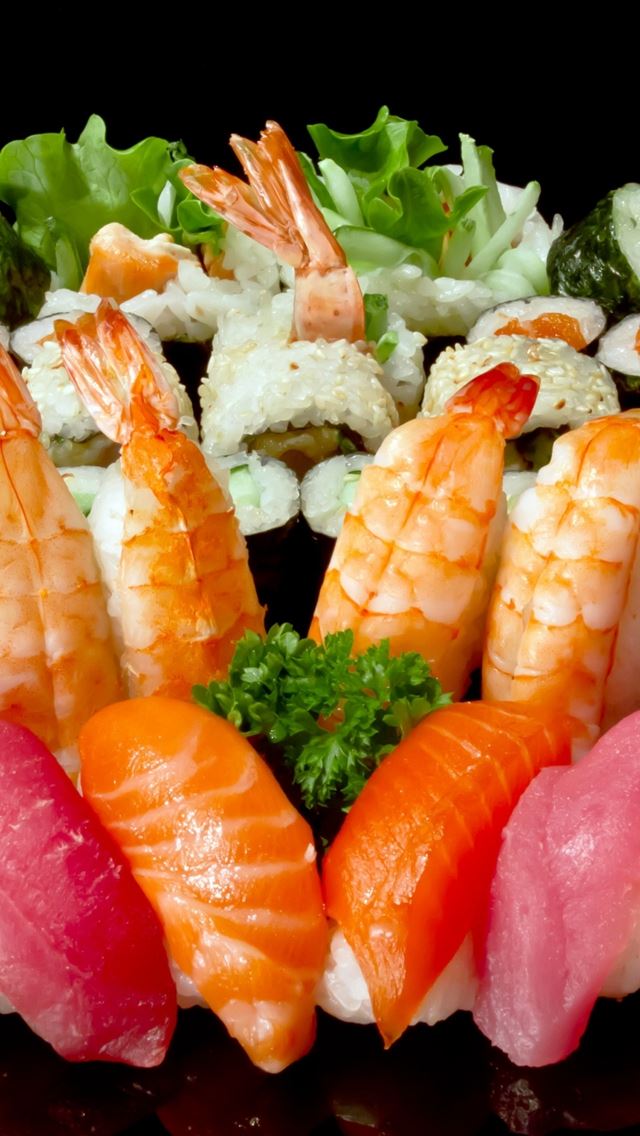 640x1136 Rolls Sushi Plate A Lot Seafood - yummy iPhone Wallpaper
