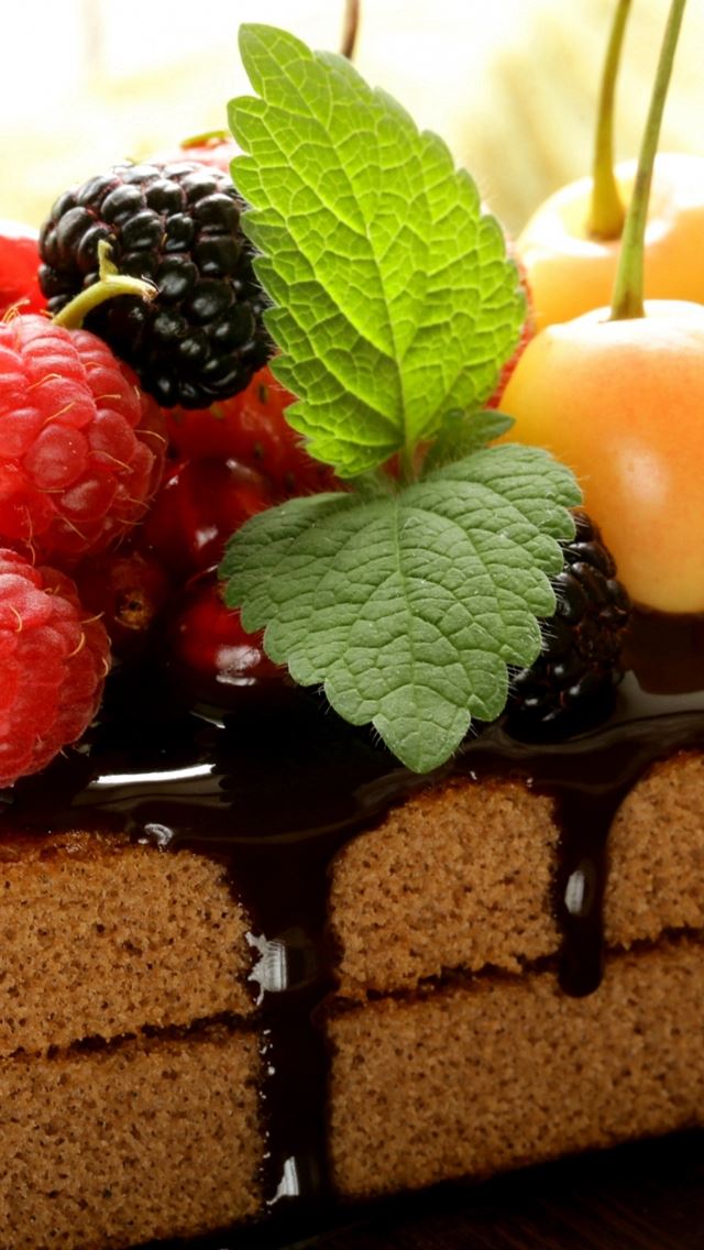 640x1136 Cake Chocolate Frosting Berries Cherries Raspberries Currants Blackberries Mint Sweet Dessert - cake iPhone Wallpaper