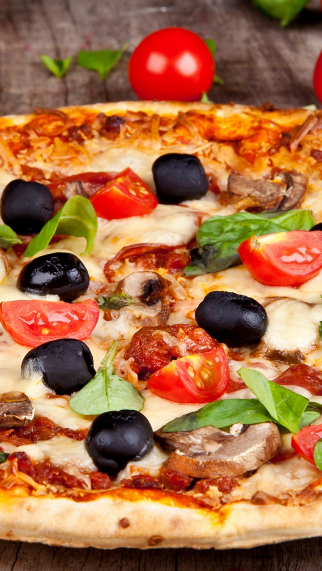 Pizza Tomatoes Olives Mushrooms Cheese Dish Leaves Food iPhone wallpaper 