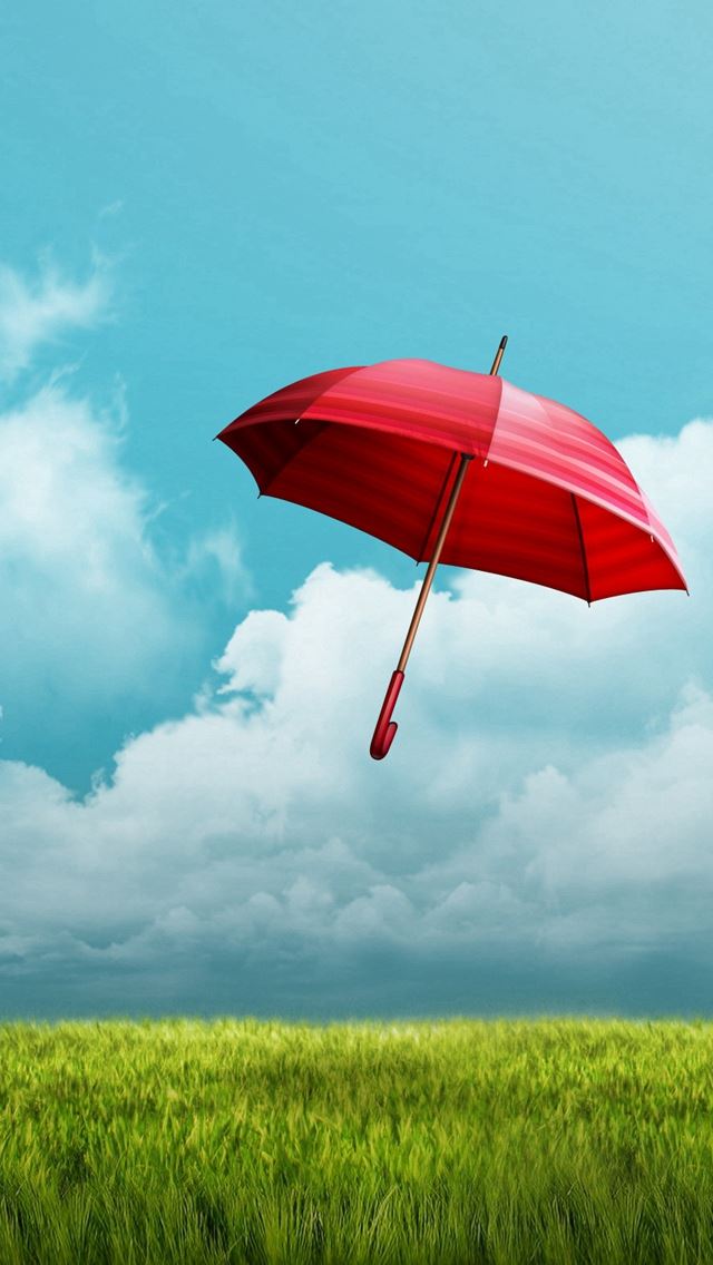 640x1136 Pure Bright Grassland Flying Red Umbrella - clouds iPhone Wallpaper
