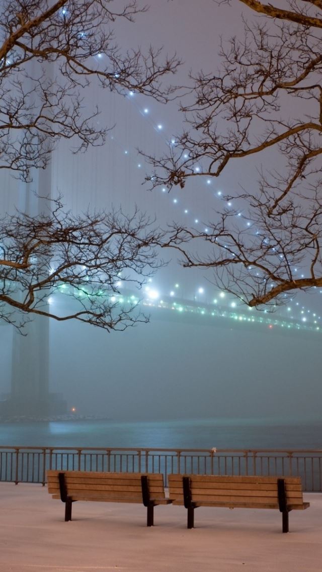 640x1136 San Francisco Bridge Snow Bench - bridge iPhone Wallpaper