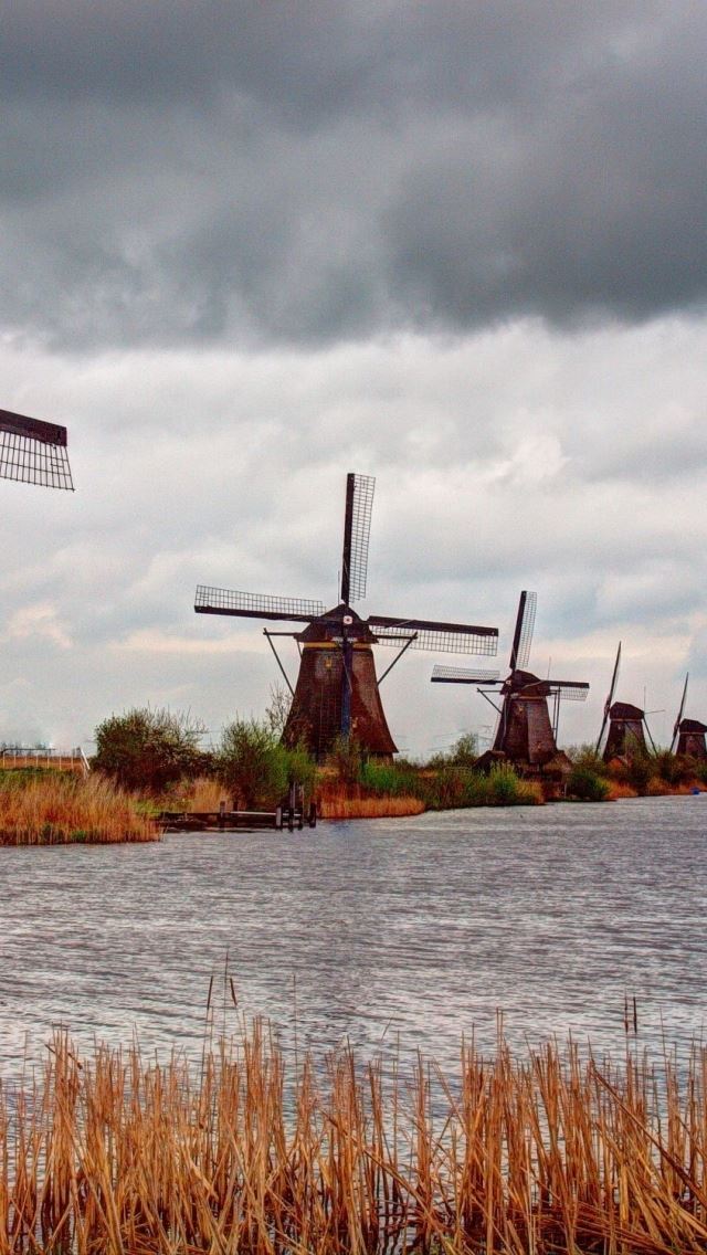 640x1136 River Windmill Clouds - clouds iPhone Wallpaper