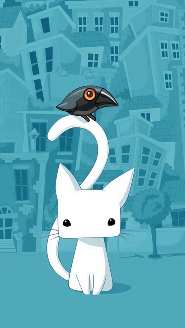 640x1136 Cute City Bird And Cat Illustration - funny iPhone Wallpaper