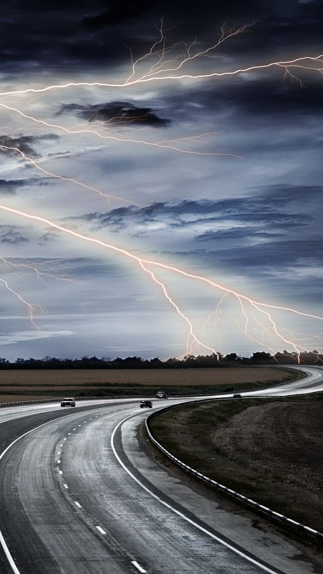 640x1136 Lightning In The Sky - road iPhone Wallpaper