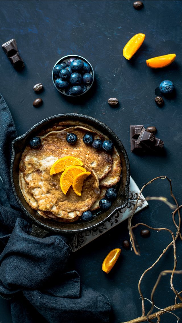 640x1136 Pancakes with orange and blueberries - yummy iPhone Wallpaper
