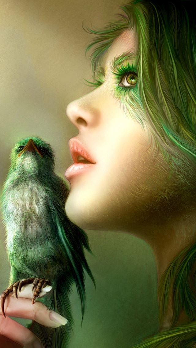 640x1136 Fantasy Girl Bird - feather iPhone Wallpaper