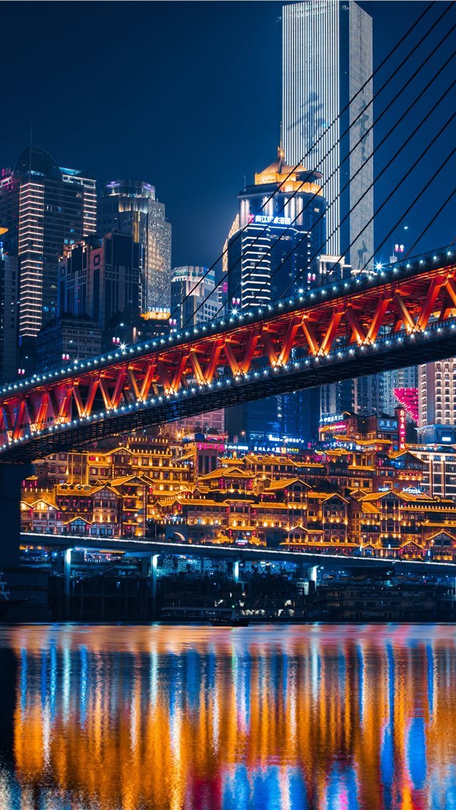 640x1136 lighted bridge across calm water - city iPhone Wallpaper