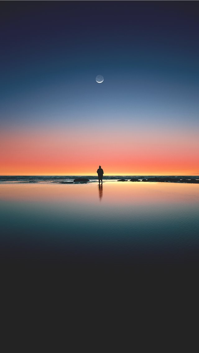 640x1136 silhouette of man standing on seashore - moon iPhone Wallpaper