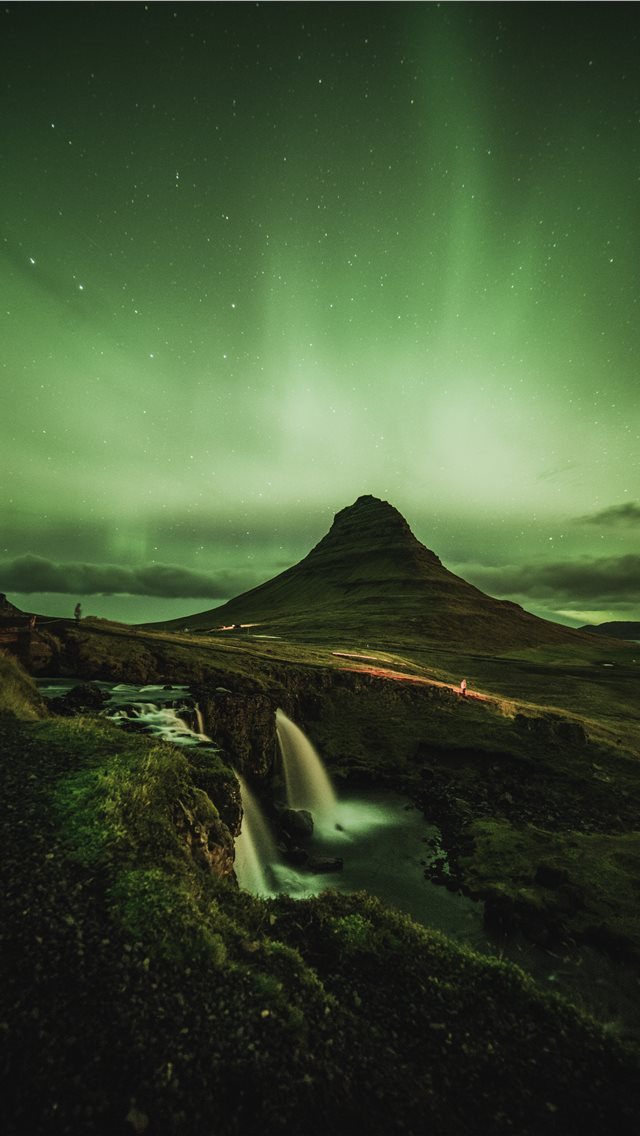 640x1136 waterfalls near mountain taken under green sky - iceland iPhone Wallpaper