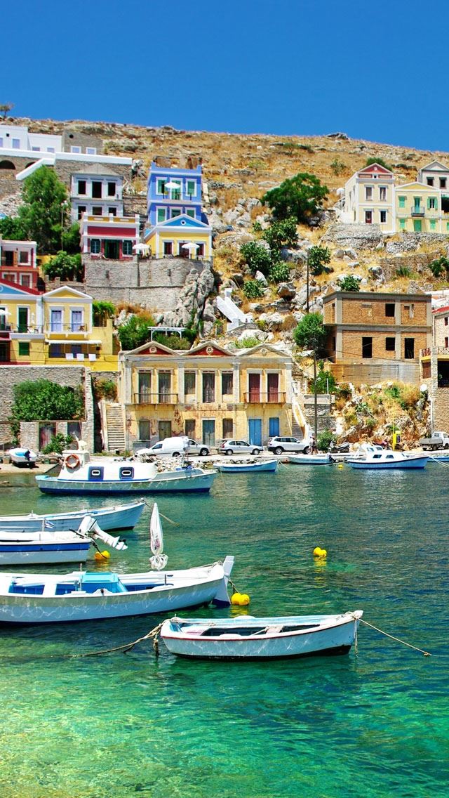 640x1136 Greece Coast View - boat iPhone Wallpaper