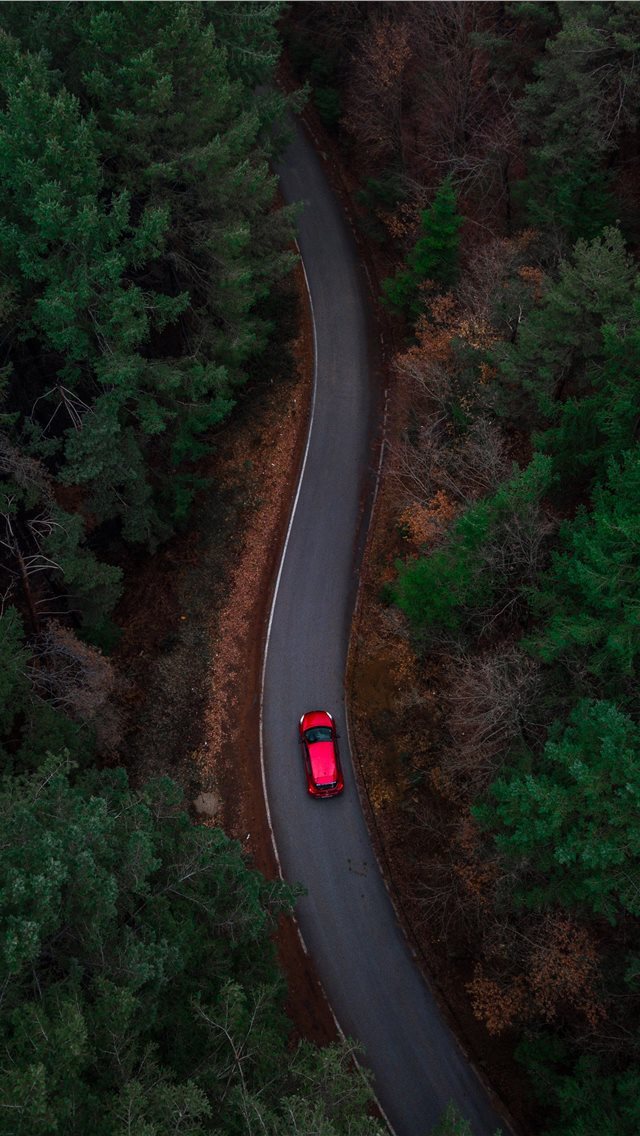 640x1136 aerial photo of red car passing by green trees - grey iPhone Wallpaper