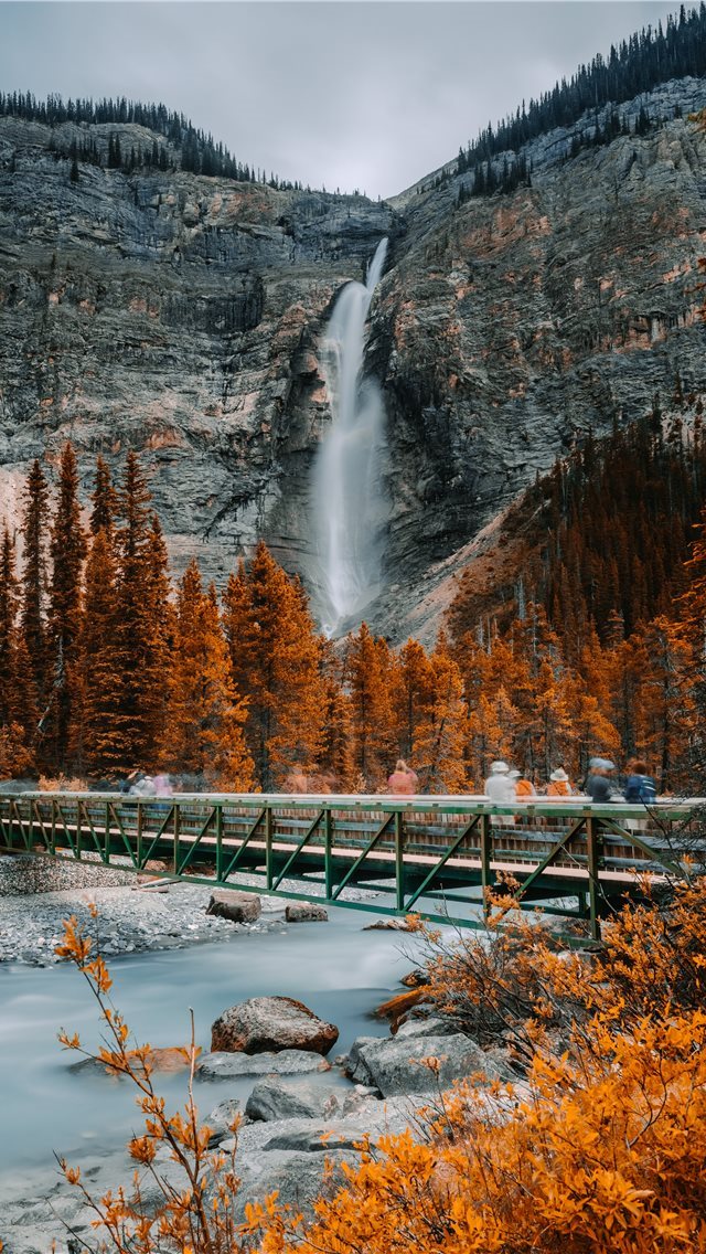 640x1136 metal bridge near waterfall - canada iPhone Wallpaper