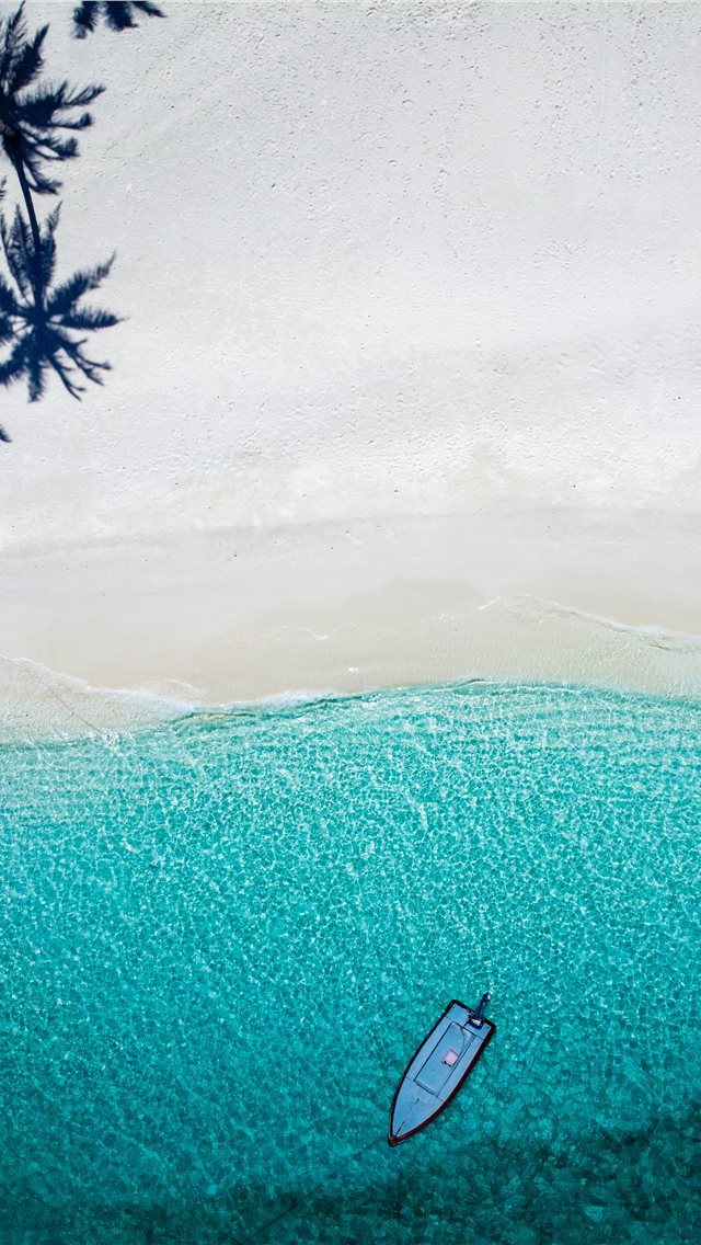 640x1136 aerial photography blue boat near shore - beach iPhone Wallpaper