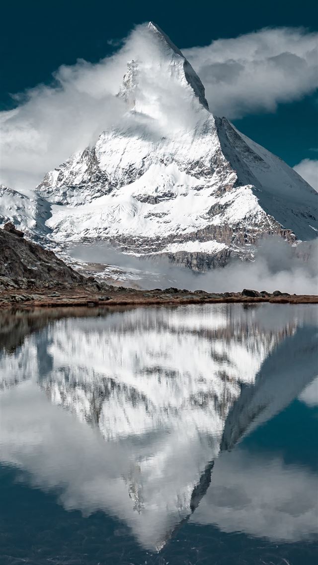 640x1136 snow covered mountain near lake under blue sky dur... - nature iPhone Wallpaper