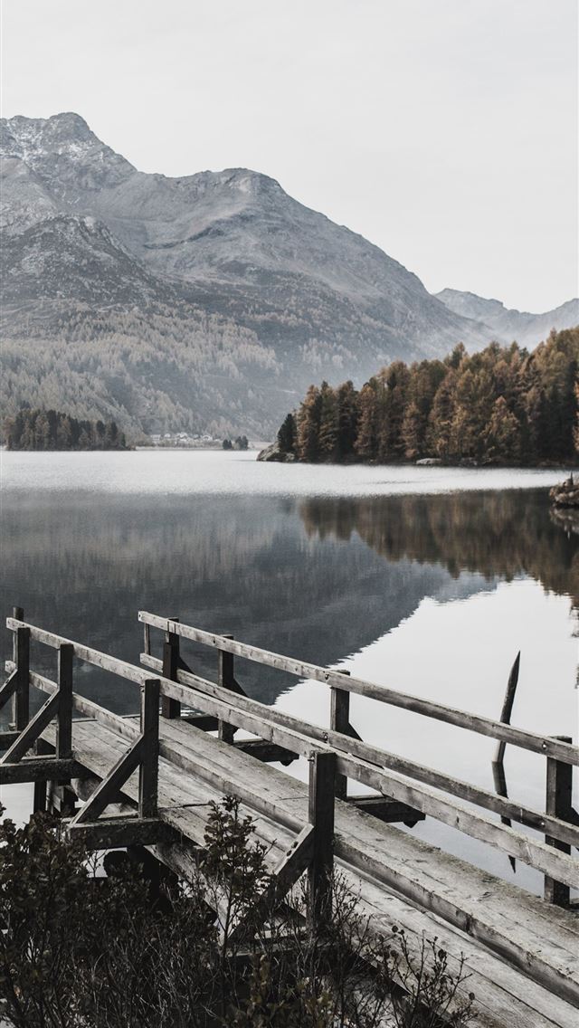 640x1136 dock near trees and mountain - grey iPhone Wallpaper