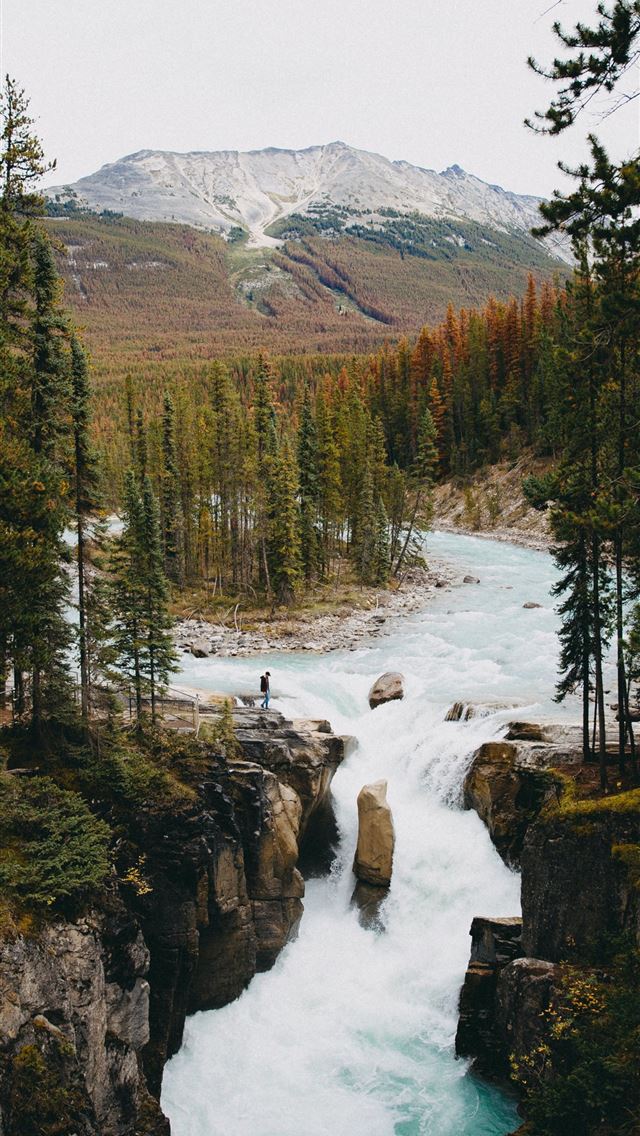 640x1136 aerial photography of flowing river viewing mounta... - canada iPhone Wallpaper