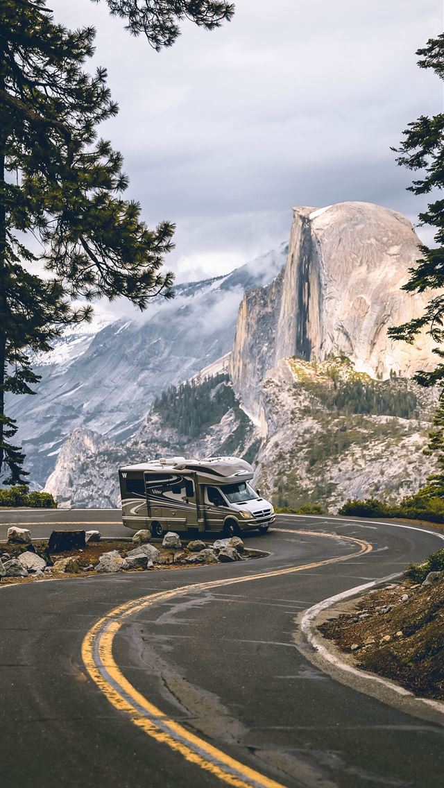 640x1136 black suv on road near trees and snow covered moun... - yosemite national park iPhone Wallpaper