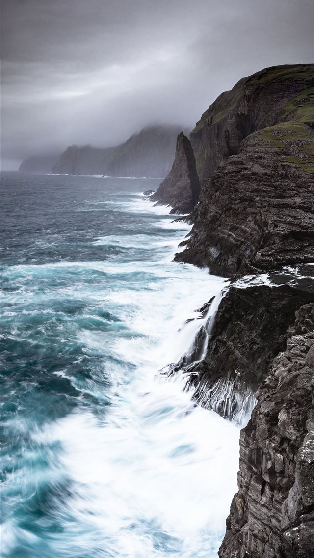 waves crashing sea cliffs digital wallpaper iPhone wallpaper 