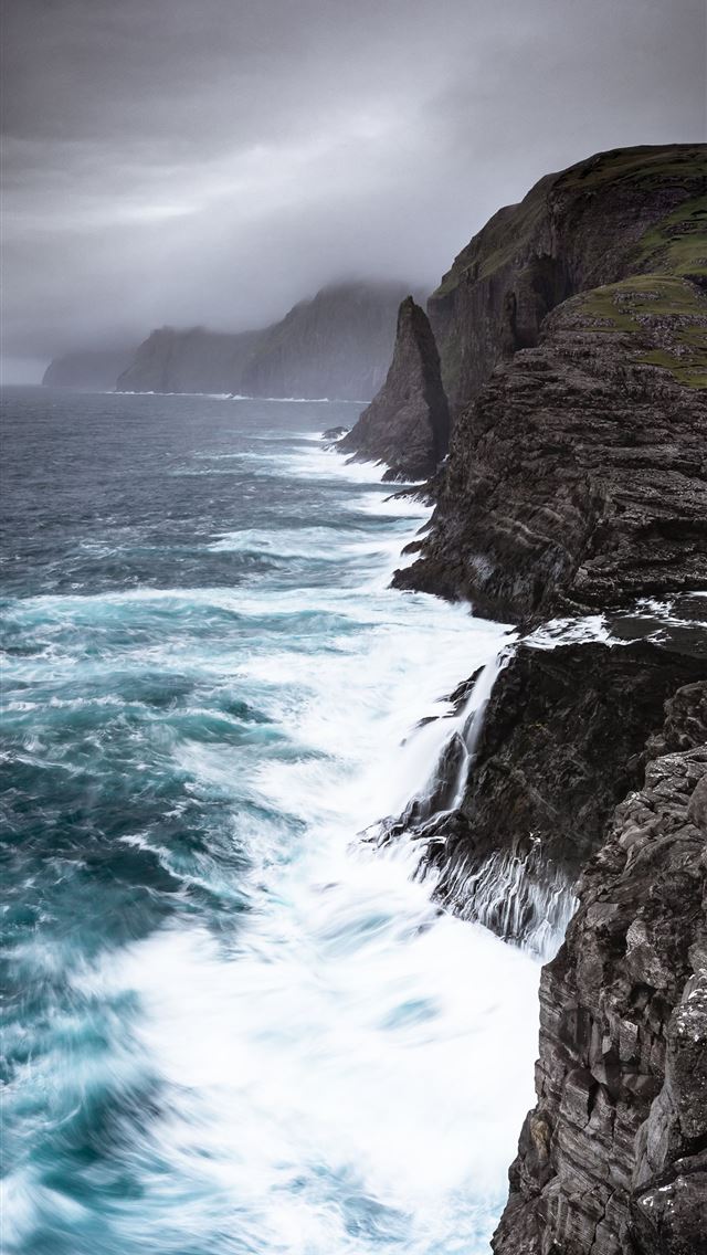 640x1136 waves crashing sea cliffs digital wallpaper - grey iPhone Wallpaper