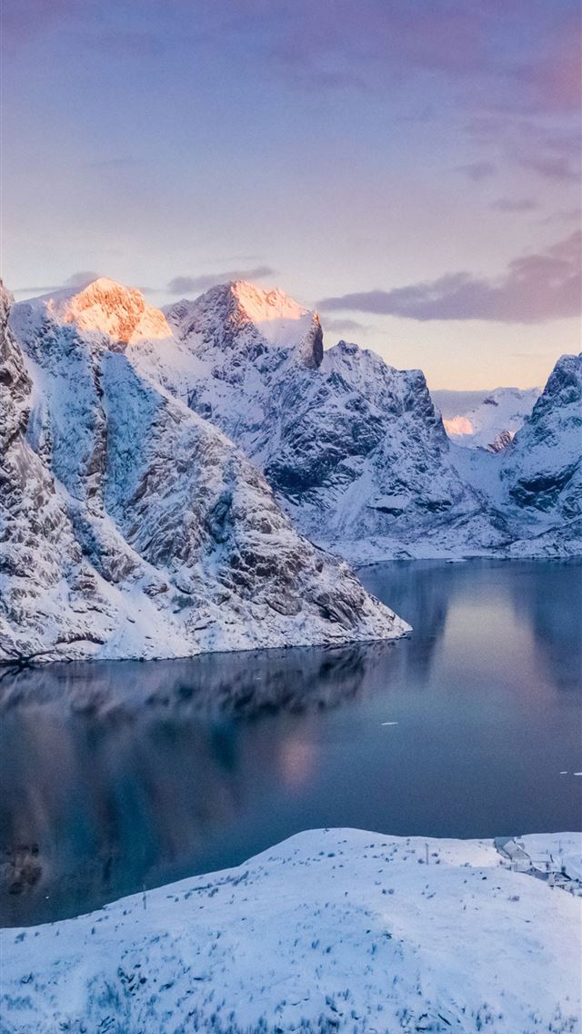 Norway Lofoten Mountains Winter Bay Snow Samsung G... iPhone wallpaper 
